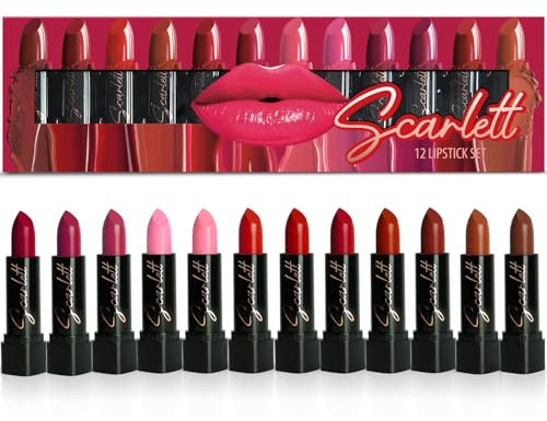 Lippenstift-Set Scarlett - 12 Full-Size Lippenstifte angereichert mit Vitamin E und Bienenwachs, hochpigmentierte, trendige Farbtöne, nährende Formel, sanfte Anwendung