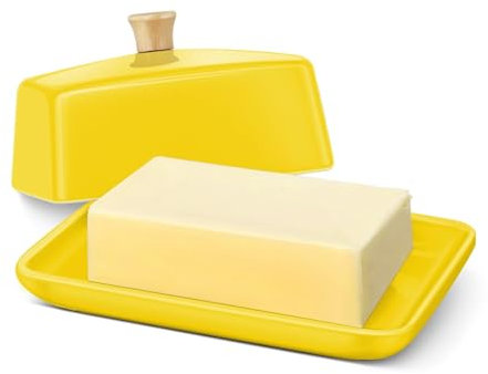 Flexzion Ceramic Yellow European Butter Dish with Lid for Countertop (8 Inch) - Wide 2 Stick Double Butter Holder for Counter, Cream Cheese Container Storage Keeper