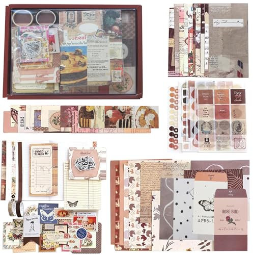 BetterJonny 346 Stück Scrapbook Zubehör Set - Ästhetisches Papier Mit A6 Raster Notizbuch, Aufkleber, DIY Geschenk für Teenager Mädchen, Vintage