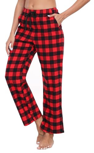 North Bund Bas De Pyjama Femme 100% Coton à Carreaux Pantalon Doux Long Confortable Détente Vêtements De Nuit Loisirs Hiver Rouge Noir M