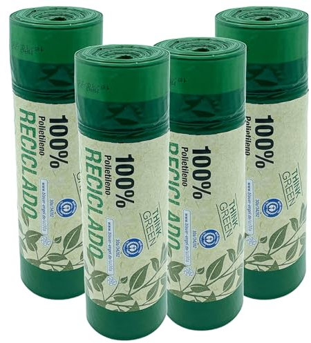 100% recycelt, 4 Rollen mit 20 Müllbeuteln (80 Beutel) mit Selbstverschluss, Fassungsvermögen 30 l, 55 x 60 cm.