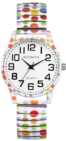 JewelryWe Damenuhr Boho Elastische Uhr: Bohemian Stil Bunte große Punkte Polka Dots Analog Quarz Armbanduhr Damen Stretch Armband Lässige Uhr mit Edelstahl Zugarmband & großen Zahlen Zifferblatt