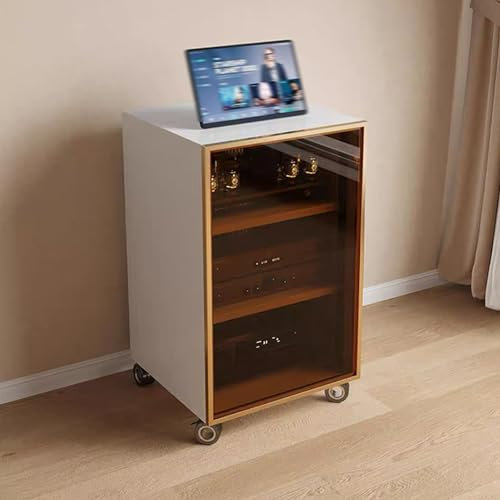 GUAWJRZDP Phonoschrank, Abnehmbar Hi Fi Regal, Hi Fi Rack mit Tür Aus Gehärtetem Glas, Audio Rack Hi Fi Regal mit Verstellbarem Regal, Kabelmanagement, for Das Home Office(White+Gold,3-Tier)