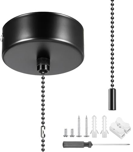 Interruttore per la luce da bagno, cromato, interruttore a tirante per il bagno, con set di catene e accessorio di montaggio per accessori da bagno, cilindri rotondi (nero)