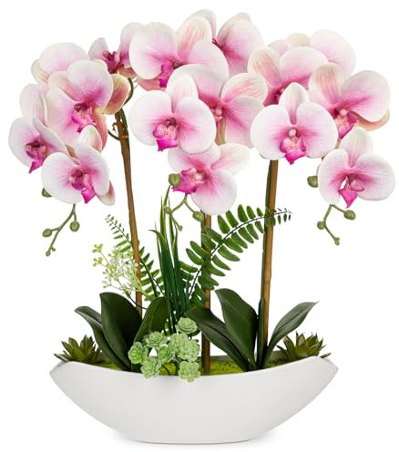 Oairse 18 Orchid Artificial Flowers Pink Fake Orchid Silk Flowers with Ceramic Pot Large Faux Phalaenopsis Arrangement for Home Office Room Living Room Coffee Table Centerpiece Decoration