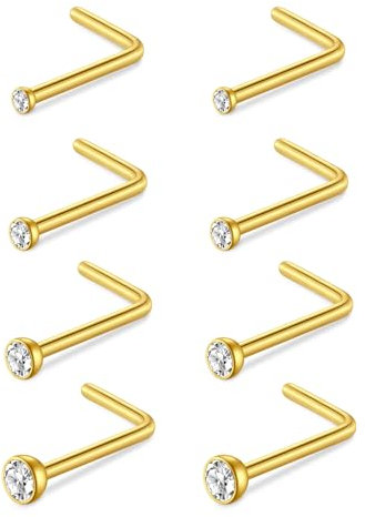AceFun anneaux nez 8 pièces 20G piercing nez anneaux acier inoxydable or vis du nez anneaux boulons L en forme de bijoux en acier inoxydable piercing clair CZ