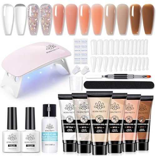 Born Pretty Polygel Starter Set mit UV Lampe - Poly Gel Nägel Set 6 Farben Transparent Weiß Nude Rose Nagelverlängerung Kit Base Top Coat Slip Solution