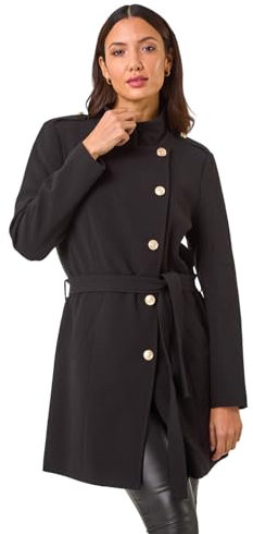 Roman Originals Funnel Neck Buttoned Coat for Women UK - Ladies Everyday Autumn Winter Comfy Soft Evening Vacation Work Party Night Out - Black - Size 14
