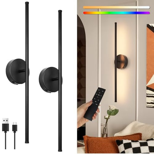 EIDEARAY Battery Operated Wall Lights,USB Rechargeable LED Wall Lamp with Remote Control, Black Dimmable RGB 70CM Touch Battery Modern Wall Sconce for Living Room Bedroom (2 Pack)
