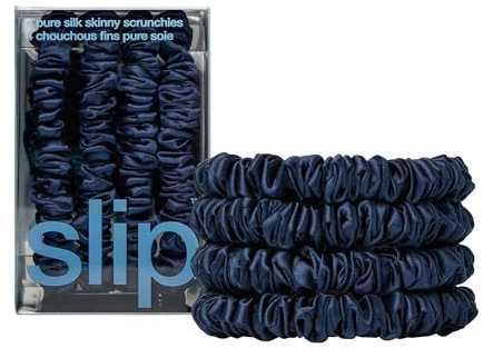 slip Skinny Navy Blue Scrunchies - Back to School Range - Anti-Crease, Anti-Breakage Slipsilk Hair Ties - Design Protects Delicate Hair - Includes 4 x Pure Silk Scrunchy For Hair Pony Tails