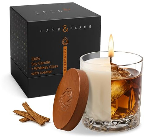 Cask & Flame 2-in-1 Whiskey Glass Soy Candle – Blackwood Scented Luxury Gift for Men – Wooden Lid Doubles as Coaster – Clean-Burning, All-Natural Cotton Wick, Reusable Whiskey Glass – 54 Hr Burn Time.