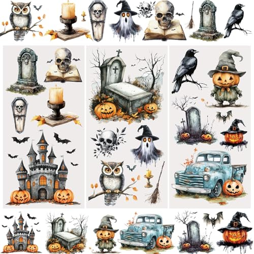 WANDIC 3 Bogen Halloween Rub on Transfer Stickers, Helle Farbe Möbel Aufkleber Wand Deko, Wasserdicht, Handarbeiten, Journal, DIY Kunsthandwerk, Dekor für Fotoalbum und Scrapbook, 15 x 30 cm