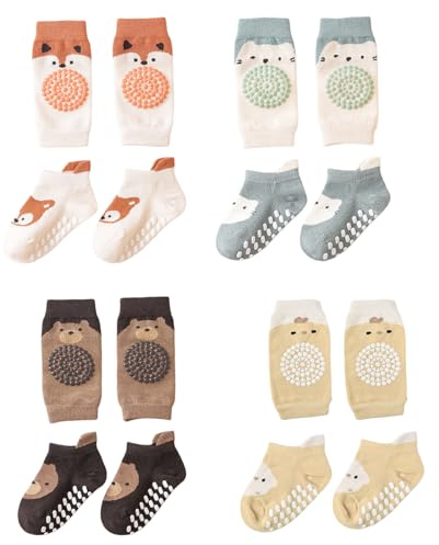 QINGZY 4 Paar Knieschoner Baby Krabbeln, baby Krabbelsocken und Knieschoner Set, Weiche und Bequeme Baumwolle, Antirutsch-Socken und Knieschoner für Kleinkinder von 0-12 Monaten