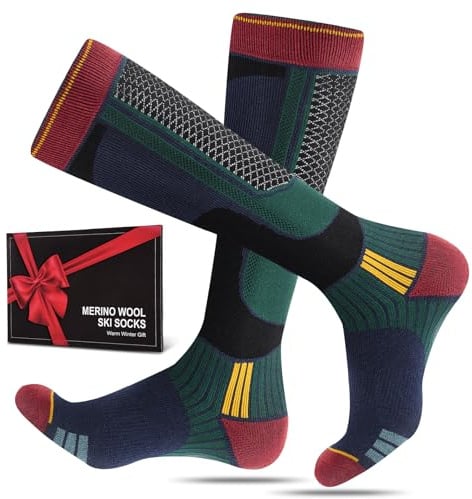 SukModen 2 paires de chaussettes de ski rétro en laine mérinos pour hommes, femmes et jeunes, chaussettes thermiques épaisses, ski et snowboard, taille 43-46