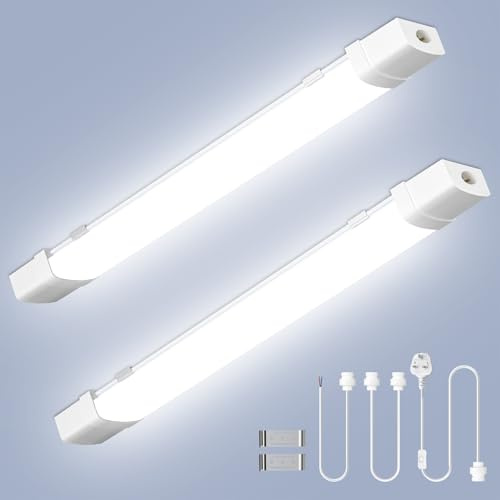 Viugreum 2Pcs Linkable 4FT 120CM Led Batten Light with Motion, 40W 6500K Plug&Switch Tube Shed Loft Light, IP43 Plug in Strip Sensing Lights for Garage Office Workshop Basement Bathroom Hotel Kitchen