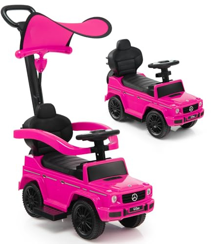 GOPLUS 3 en 1 Porteur Enfant Mercedes Benz, Voiture à Pousser avec Poignée Auvent Réglable, Garde-Corps, Klaxon, Bruit de Moteur, Rangement, Poussette Jouet pour Bébé 1-3 Ans,Charge 25KG (Rose)