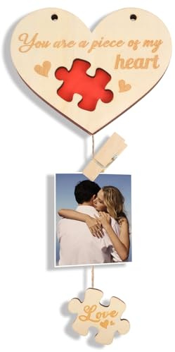 DPKOW Romantic Valentines Day Gift for Her Him, Wooden Heart Shaped Picture Photo Frame for Valentine's Day Decoration Hanging Couple Gift Anniversary Christmas Valentines Wife Girlfriend