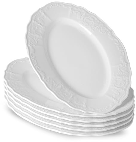 UIBFCWN Ovale Essteller Set 6 Personen, 25,5 x 18 x 2cm, Cremeweiße Porzellan Speiseteller, Geschirr für Spülmaschine und Mikrowelle, Pastateller, Frühstücksteller, Kuchenteller, Flache Teller