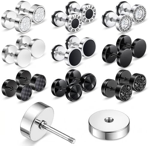JJUNW 9Pairs Fake Gauge Earrings|, Earrings Studs Round Faux Gauges | Stud Earrings Stainless Steel Illusion Tunnel Plug for Women Men