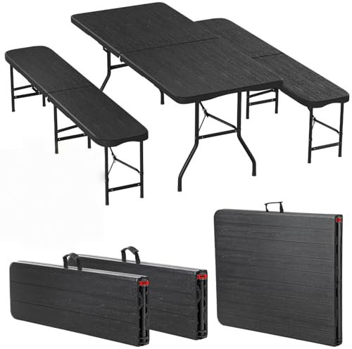Eikuavons Bierzeltgarnitur klappbar 3-teilig Set Tisch & 2X Bierbänke, Biertischgarnitur für drinnen & draußen, 180×74×74cm Kunststoff Klapptisch Holzmaserung-Optik Gartentisch mit Tragegriffe