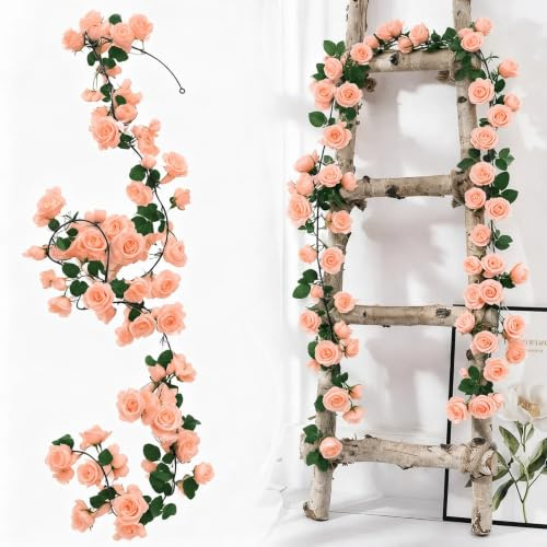 Qivra 2 Piezas Guirnalda de Flores Artificial Rosa Claro, 1.8 Metros Rosas Artificiales Realistas, 138 Rosas Guirnalda Floral para Decoración de Bodas, Mesa, Fiestas, Jardín