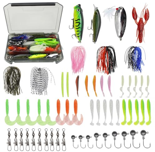 OrientVelo Kit da Pesca 58 Esche – Set Professionale con cucchiaini, spinnerbaits, jig ed Esche morbide/Duro – Lungo Lancio – Accessori per Black Bass, luccio, Trota, Sandra