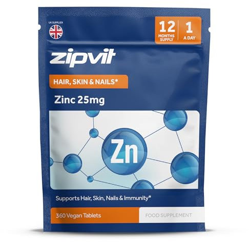 Zipvit Zinc 25mg, 12 Months Supply, Recommended Dose Zinc Supplement, Supports Hair, Skin, Nails, Bones & Vision, Promotes Immunity, Fertility & Reproduction for Men & Women, 360 Vegan Tablets