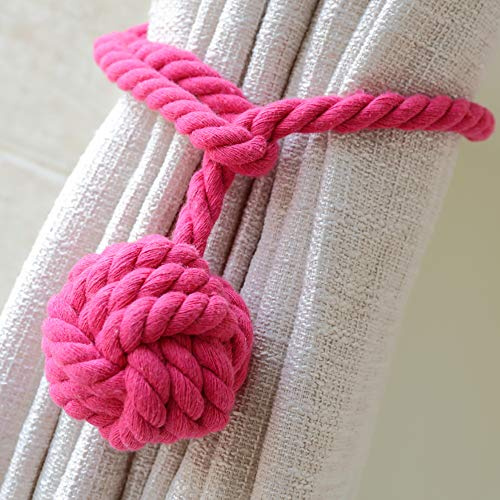 One Pair of Cotton Rope Ball Curtain Tie Backs,Curtain Holdbacks (Rose) | Handmade Curtain Tiebacks, Tassel Tie Back Rope Tie Backs for Curtains for Thin & Thick Home & Office Window Draperies