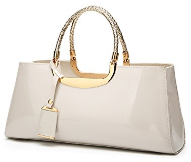 Coolives Damen Geflochtener Griff PU-Lackleder Handtasche Weiß EINWEG