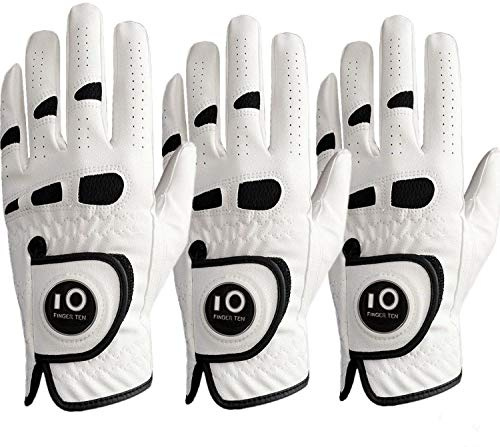 FINGER TEN Golf Gloves Men Left Hand Right with Ball Marker Cabretta Leather Weathersof Value 3 Pack, Rain Grip Golf Glove Mens Wear Resistant (M, 3 Pack(Worn on Left Hand)