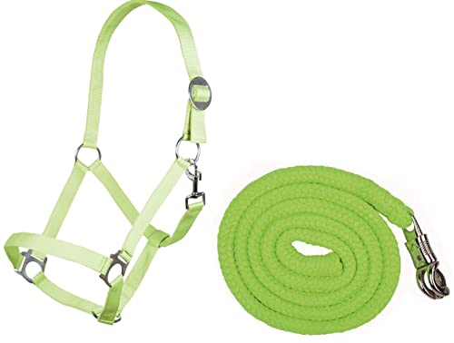 Generisch HKM Halfter-Set StarterHalfter + Führstrick mit Panikhaken verstellbar | versch. Farben (Pony, Neon Grün)