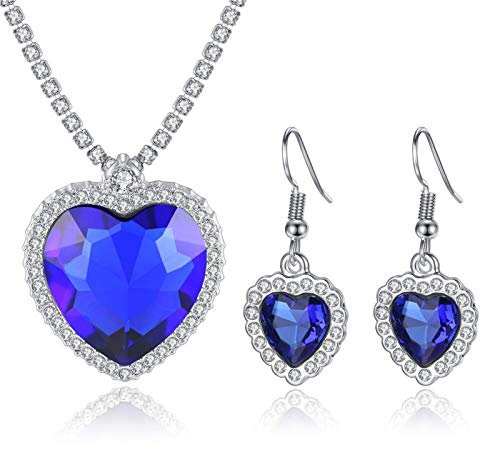 HMOOY Titanic Coeur de l'Océan Collier Boucles D'oreilles Ensemble de Bijoux, Collier Pendentif Saphir Bleu Bleu Coeur Cristal Boucles D'oreilles Rubis Collier Titanic Bijoux pour Femme Fille, Métal,