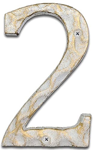 Numeri civici alti 14 cm, in ghisa, per esterni o porta d'ingresso, fatti a mano, finitura oro e bianco (numero 2)