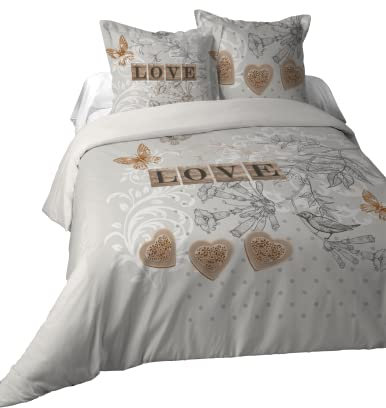 Lovely CASA - Housse de Couette 240x220cm et 2 taies d'oreillers 63x63cm - Clemence - 100% Coton - Certifiée Oeko-Tex - Linge de lit - Romance - Love - Cœur - Amour - Gris et Naturel - 2 Personnes