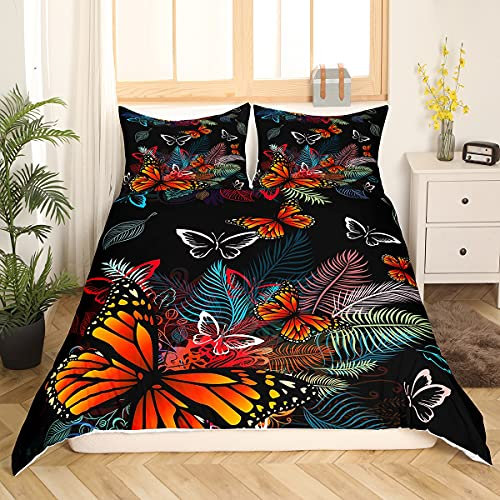 Homewish Butterflies Duvet Cover Palm Leaves Bedding Set Double Size Dreamy Orange Butterfly Comforter Cover Botanical Quilt Cover For Boys Girls Child Animal Rural Pastoral Style Bedroom Decor