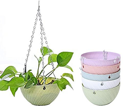 FDDD 5 Stück Selbstbewässerung Blumenampeln, Blumenampel Strick Halterung, Kunststoff Hängekorb Hängende Hängetöpfe, Hängepflanztopf Rattan, mit Kettenhaken für Garten, Balkon, Fensterbank (5 Farben)
