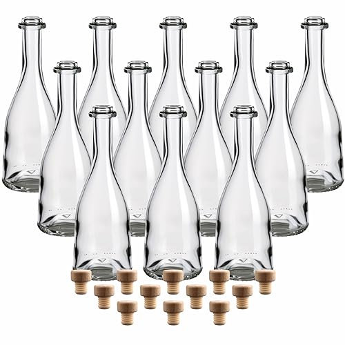 gouveo Juego de 12 Botellas de Vidrio 200 ml “Rustica” con Corcho (HGK) - Pequeñas Botellas de Vidrio con Corcho - Botella de diseño para llenar Licor, Vino, Aceite (RFR200HGK)