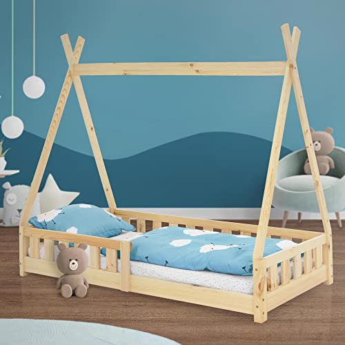 ML-Design Kinderbett Tipi 80x160 cm Natur mit Rausfallschutz und Lattenrost, aus Kiefernholz, Indianer Bett für Mädchen & Jungen, Hausbett mit Zaun, Bodenbett Kinderhaus Jugendbett Spielbett Zelt