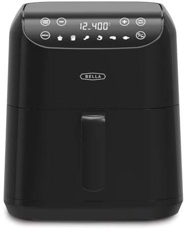 BELLA Friggitrice ad Aria Digitale da 6 Litri, Cestello e Griglia di Cottura Antiaderenti, Timer da 60 Minuti, Touchscreen con 6 Modalità di Cottura, Fino a 200° C, Capacità 2,2 Kg, 1500W, Nera