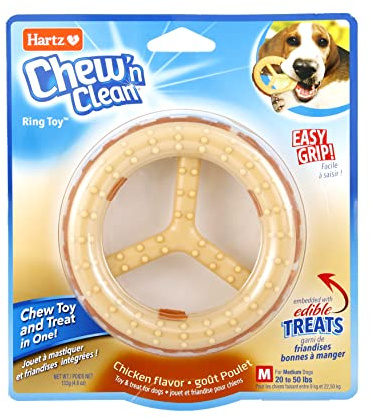 Hartz Chew ‘n Clean Chew Toy and Treat in One Chicken Flavored Ring Dog Toy, Medium