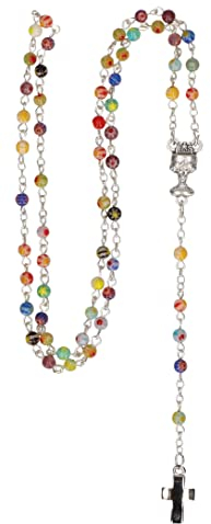 Butzon & Bercker Rosenkranz mit bunten Millefiori-Perlen, gekettelt mit Kelch und Kreuz, in Geschenkverpackung; Länge 39 cm