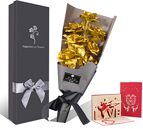 Blau Rose Blumenstrauß, 6 Stück Handgefertigt Goldfolie Künstlicher Rosenstrauß - mit Geschenkbox für Frau Freundin/Muttertag/Geburtstag/Hochzeitstag/Jahrestag Künstliche Rose (Gold)