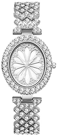JewelryWe Armbanduhr Damen Luxus Elegant Strass Glitzer Analog Quarz Beiläufige Uhr Damenuhr mit Ovalem Muschel Zifferblatt und Metall-Armband Silber