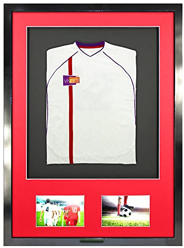 Vivarti DIY Infant 3D Mounted + Double Aperture Sports Shirt Display Frame for Football Shirt, Rugby Shirt, Band T-Shirt Shadow Box - 50x 70cm - Gloss Black Frame, Red Mount, Black Backing Card