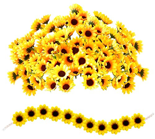 100 künstliche Sonnenblumenblütenköpfe, mit 1 geflochtenem Sonnenblumenhaarband, 4 cm künstliche Blumenköpfe, Partydekorationsblumen, Mini-Seidentuch-Blumen, geeignet für Hochzeiten und Büros