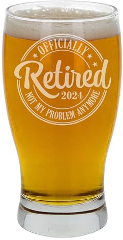 Officially Retired Engraved Retirement Beer Glass Gift Beer Glass Funny Retirement Gift Retired Leaving Gift for Women or Men Novelty Engraved Beer Pint Glass Not My Problem Anymore (Tulip Pint Glass)