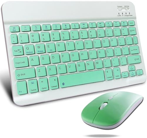 KeautFair Portable Wireless Bluetooth Keyboard and Mouse Set, QWERTY Layout Cordless Rechargeable 10“ Ultra Slim Quiet 1200DPI Travel for Windows/iOS/Android PC/Laptop/iPad/Smartphone(Green)