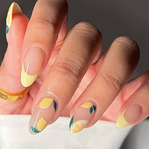 AKOFIC 24 Pièces Faux Ongles Français Court, Ovale Faux Ongles avec Colle à Ongles, Press On Nails Amande Faux Ongles à Coller Nail Art pour Femme et Fille (Jaune citron Nu)