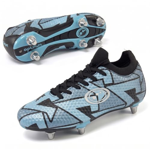 Optimum Aztec - Botas de rugby de 6 pernos, movilidad y precisión superiores, comodidad ligera, ajuste seguro, tracción mejorada para un movimiento ágil, tallas 1-13, color azul, Blue, 43 EU