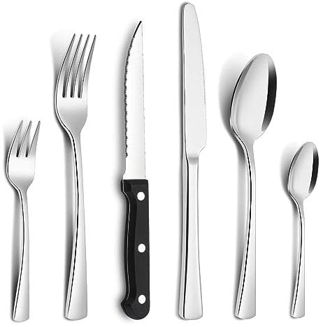 Bestdin Set de couverts pour 6 personnes, 36 pièces en acier inoxydable avec couteau à steak, couverts avec couteau/fourchette/cuillère, couverts pour maison/fête/restaurant, passe au lave-vaisselle
